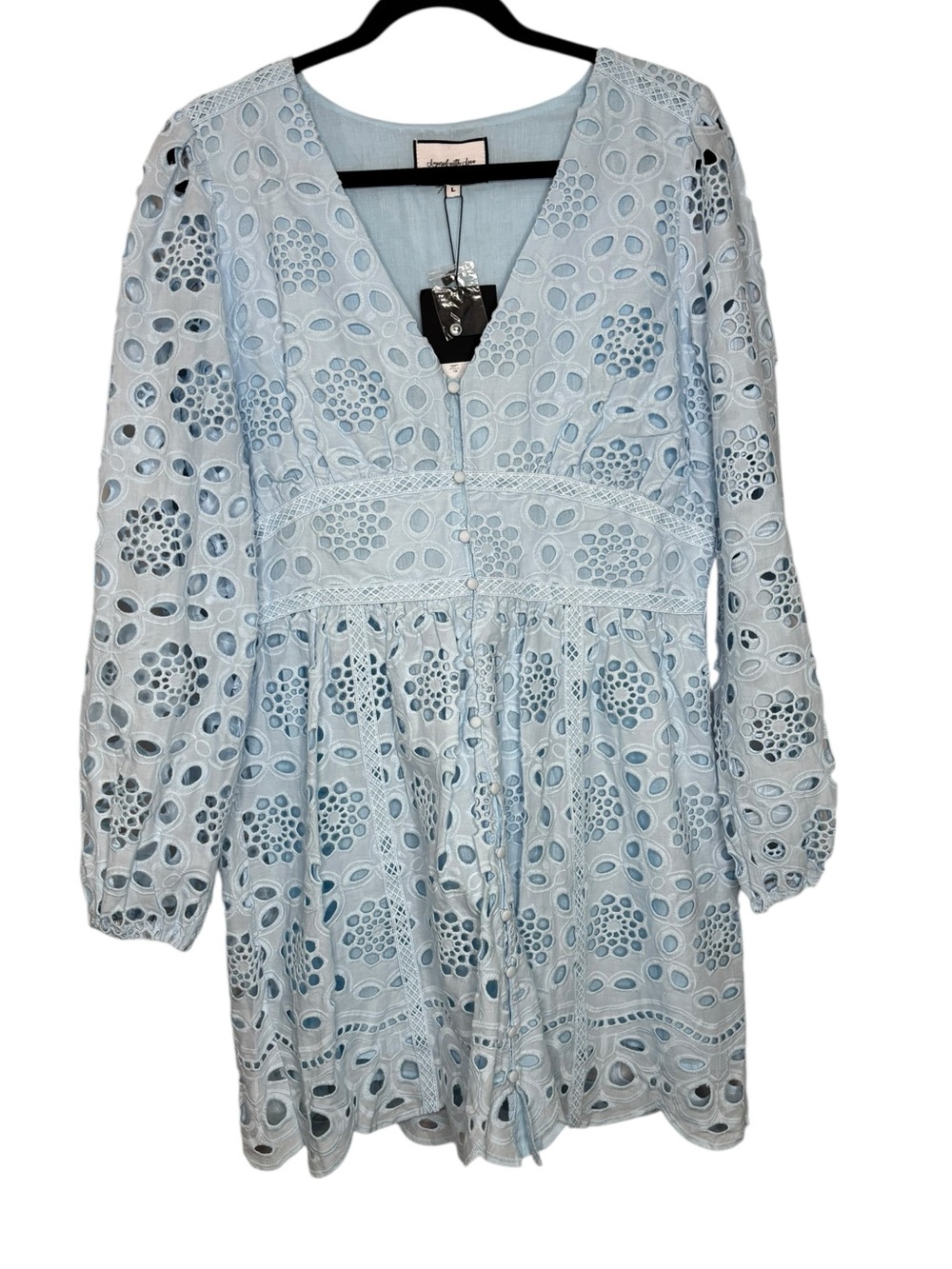 NEW Layered With Love Light Blue Long Sleeve Eyelet Lace Embroidery Dress Large